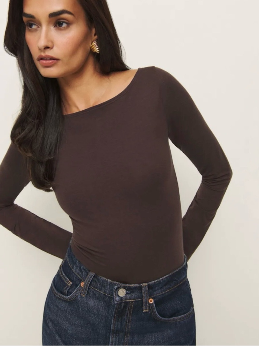 Reformation Wiley Long-Sleeve Knit Top — Chocolate Brown
